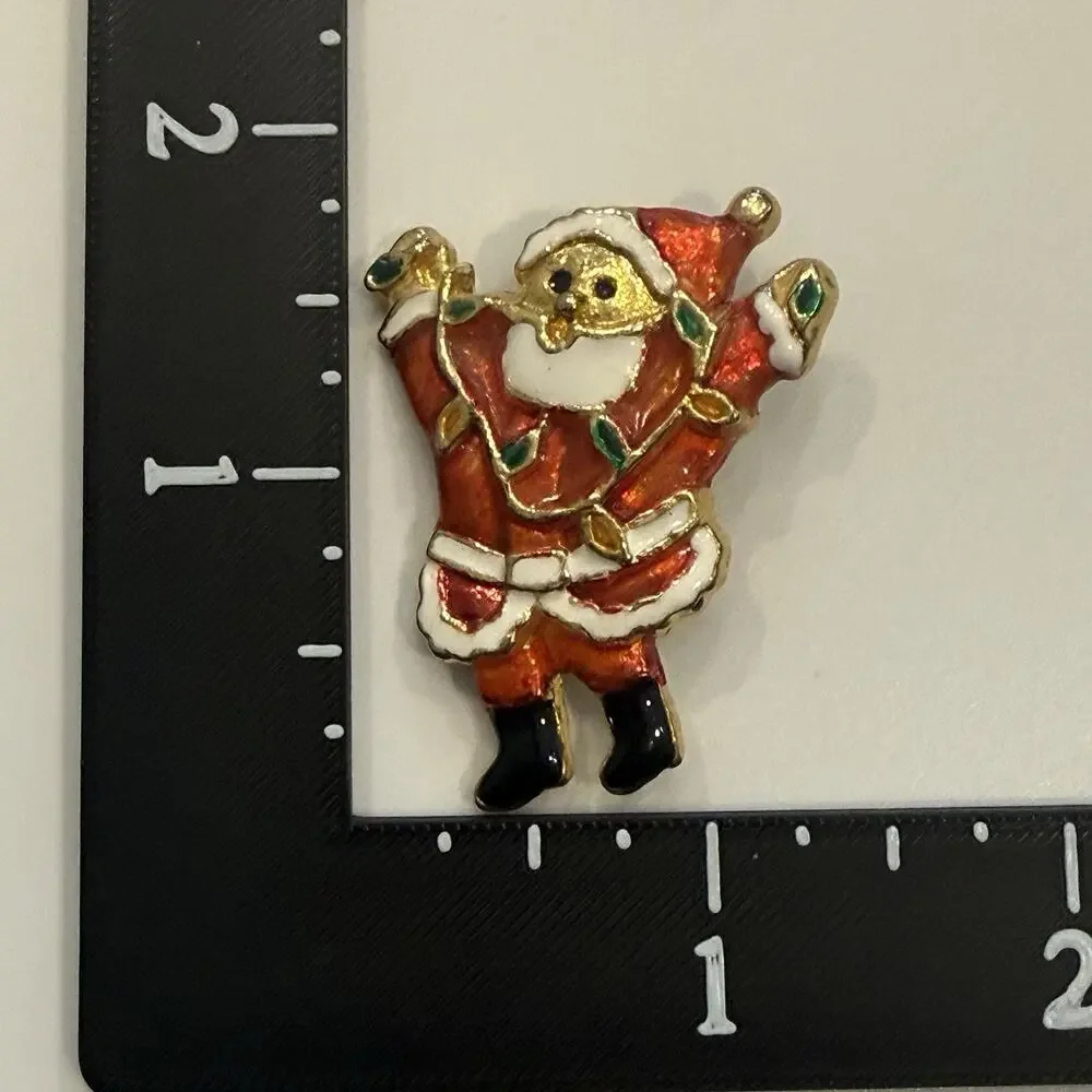 Vintage Happy Santa Claus Enamel Christmas Brooch Pin Red White Gold Green Black